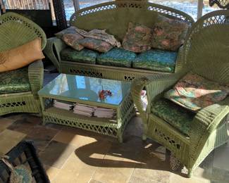 Wicker Armchairs With Removable Cushions, Qty 2, 46" x 35" x 32" And 42" x 34" x 34", One Has Damage, And Coffee Table With Glass Top, 17" x 36" x 18"