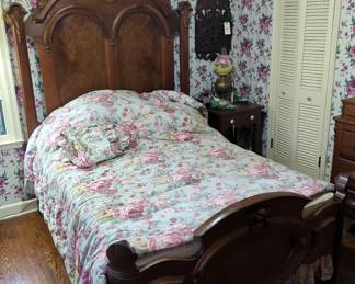 Antique Imperial Hand Carved Full Size Bed With Headboard, 92" x 65", Foot Board, 31" x 60", Side Rails, Box Springs, Mattress, And Bedding