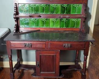 Antique Victorian Dry Sink With Marble Top And Tile Back Splash On Caster Wheels, 29" x 45" x 18.5", Back Splash Is 23" x 41.5" x 6"