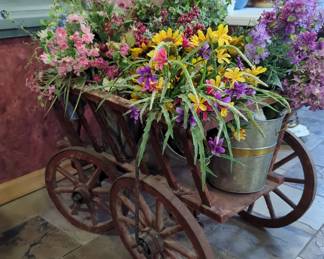 Antique Wood Garden Cart, 32" x 43" x 27", With Galvanized Metal Plant Pots, And Faux Flowers