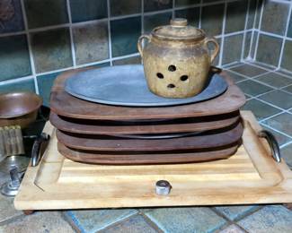 Vintage Gladmark Pewter And Wood Nesting Plates, Qty 4, Ridged Cutting Boars, Vintage Deep Fryer, Brass Pedestal Dish And Card Holders, And Canadian Made Ceramic Pot
