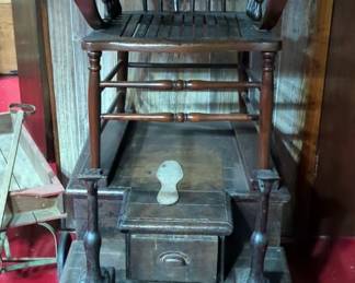 Antique Hand Carved Wood Shoe Shine Chair With Storage Drawer And Foot Pegs, 64" x 26.5" x 43"