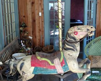 Antique Fairyland Park Carved Wood Carousel Horse With Pole And Base, 92.5" x 46"