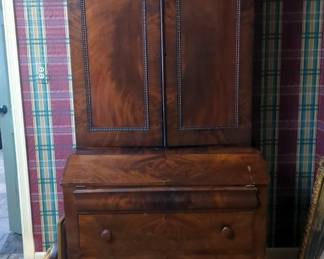 Antique Solid Wood Two Piece Secretary Hutch With Two Lower Drawers, Desk Drawer, And Inner Shelves, 42.5" x 77" x 20"