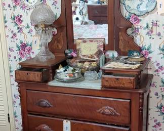 Antique Dresser With 5 Drawers And Tilt Mirror, 78" x 40" x 17.5"
