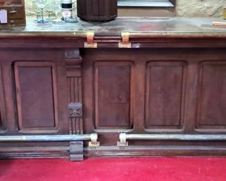 Wood Bar With Brass Rails And Under Counter Storage, 38.5" x 94" x 28"