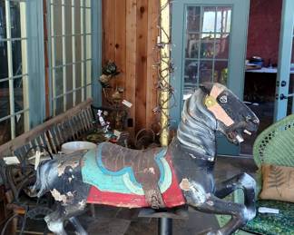 Antique Fairyland Park Carved Wood Carousel Horse With Pole And Base, 92.5" x 46