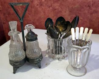 Antique Silver Plate Condiment Carrier, Sterling Silver Spoons, And Silver Flatware