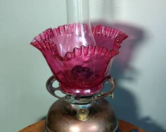 Antique Oil Lamp Marked "Lampe Beloe" With Ruffled Edge And Hurricane Style Shades, 20.5" x 12"