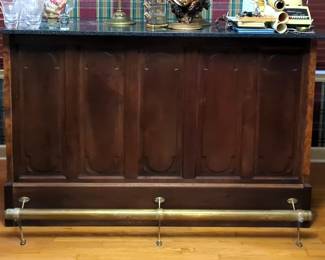 Vintage Stand Alone Solid Wood Bar With European Style Panels, Stone Top, And Brass Foot Rest, 42" x 67" x 20"
