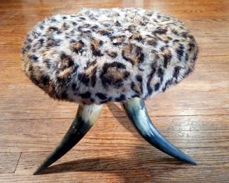 Vintage 10" Three Horn Footstool, And Antique 6.5" Embroidered Nail Head Trim Stool