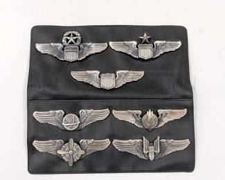 X7) WWII LAPEL PINS
(1) AIR FORCE COMMAND PILOT WINGS
(1) AIR FORCE SENIOR PILOT WINGS
(1) AIR FORCE BASIC PILOT WINGS
(1) SATELLITE PILOT WINGS?
(1) BOMBARDIER WINGS
(1) AIR FORCE FLIGHT ENGINEER WINGS
(1) ARMY AERIAL GUNNER WINGS
