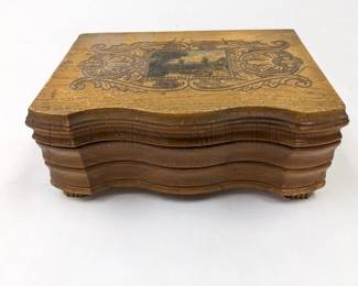 WOOD CARVED DRESSER BOX W/ FOLK ART SCENE
MIRROR TOP AND LINED INSIDE