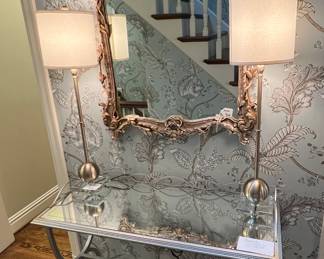 Jonathan Charles Table $550.                                                                Carved Wood Mirror $500
*LAMPS SOLD*