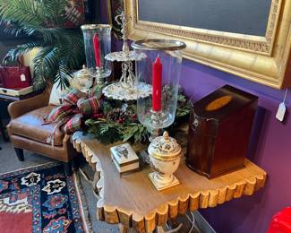 Ralph Lauren Table Hurricanes, Sterling Silver & Cased Glass Epergne , Mahogany Knife Boxes(pair), Custom Elk Horn Console Table