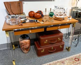 Jonathan Adler Lucite & Leather Desk, Alessandro Albrizzi Lucite Ice Bucket, Scott Tauby Pottery