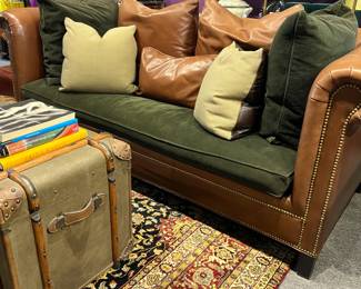 Hand-Knotted Carpet, Ralph Lauren Leather & Corduroy Sofa, Restoration Hardware Richards' Trunk Coffee Table