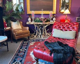 Ralph Lauren Tufted Leather Lounge Chair, Custom Elk Horn Console Table, Lee Industries Leather Lounge Chair, Kevin Fitzgerald Oil on Canvas