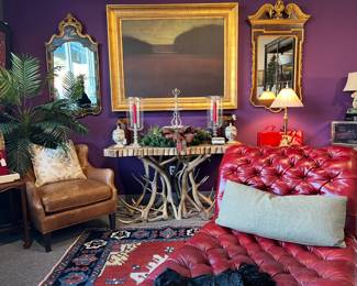 Ralph Lauren Tufted Leather Lounge Chair, Custom Elk Horn Console Table, Lee Industries Leather Lounge Chair, Kevin Fitzgerald Oil on Canvas