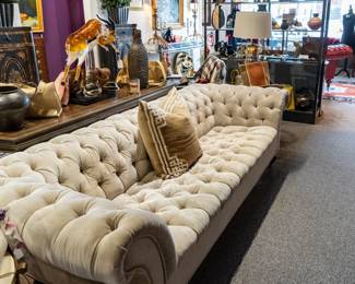 Ralph Lauren Tufted Platinum Velvet Sofa, Murano Art Glass 