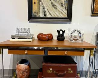 Jonathan Adler Leather & Lucite Desk, Alessandro Albrizzi Lucite Ice Bucket