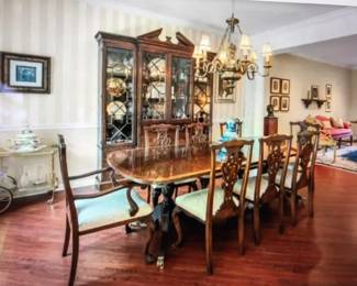 Dining Table w/ 2 Leaves & 8 Chairs $500, Breakfront $275