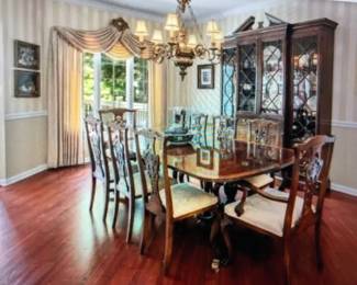 Dining Table w/ 2 Leaves & 8 Chairs $500, Breakfront $275