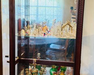 #2- $200 Four shelves curio cabinet Queen Ann pediment - opens on both sides - 31Wx13Dx82T - has light 