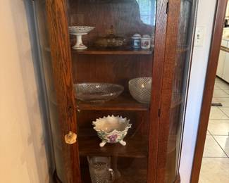 #3 - $250 - Bowfront American oak curio 34Wx11 1/2Dx 62T - has top shelve. 