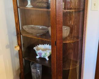 #3 - $250 - Bowfront American oak curio 34Wx11 1/2Dx 62T,has top shelve. 