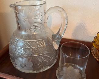 $36 - Etched cut glass and crystal pitcher with glass