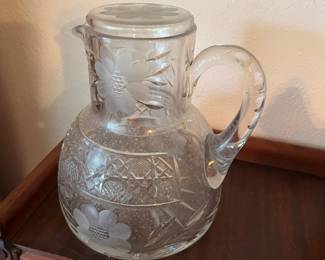 $36 - Etched cut glass and crystal pitcher with glass