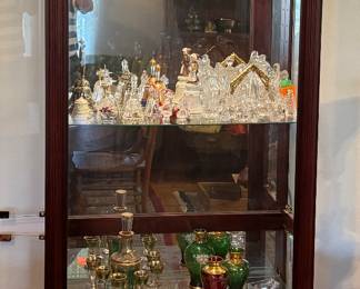 #2- $200 Four shelves curio cabinet Queen Ann pediment - opens on both sides - 31Wx13Dx82T - has light 