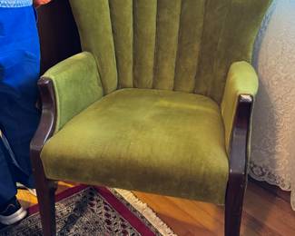 #14 - $90 - Green Chartreuse velvet scalloped armchair circa 1940's