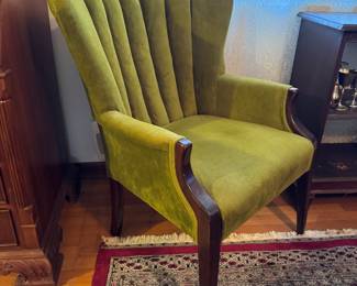 #14 - $90 - Green Chartreuse velvet scalloped armchair circa 1940's