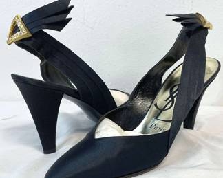  010 Yves Saint Laurent Size 7.5 Black Crepe Italian Heels with Original Box Vintage