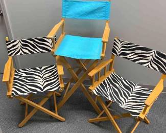 3 Directors Chairs Blue  Zebra Print