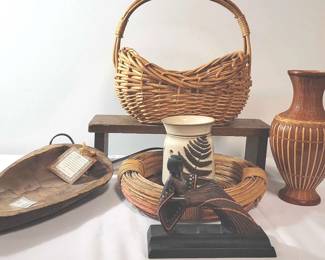 Carved Wood African Art and Wicker Basket Decor
