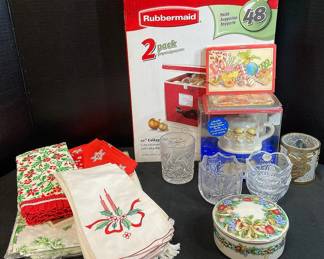 Crystal Christmas Dishes, Linens, 2 Collapsible Ornament Organizers, More