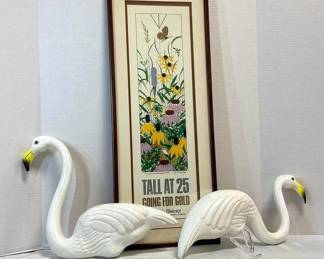 2 Vintage White Snomingoes, Floral Print, Dragonfly Plant Stake 