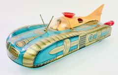 Fantastic Nearly Mint Vintage Interkozmosz Urauto Hungarian Litho Tin Battery Space Car Rocket Ship W/ Original Box

