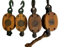 Antique UW Upton Wilton Oak Wood Block Pulleys and Antique Iron Brushed Double Block Wood Pulleys Nautical Seafaring Equipment
