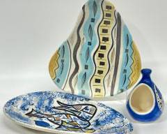 Vintage Mid Century Modern MCM Art Pottery Sascha Brastoff Sasha B F40 Plate, Marked Abstract Decorative Tray and Small Vase
