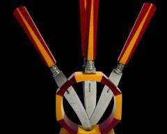 Vintage Art Deco MCM Bakelite Yellow and Cherry Red Cheese Knives Set and Stand
