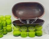 Fine Orrefors Crystal Hallon Raspberry Glass Votive CandleHolder, Vintage Mid Century Modern MCM Wooden Bowls, and Green Candle Holders
