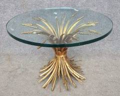 Vintage Gilt Tole Metal Wheat Side Table with Thick Glass Top Hollywood Regency Style
