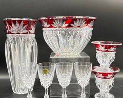 Vintage Corinth RUBY RED CUT to Clear CRYSTAL LARGE BOWL VASE AND CRISTAL D ARQUES GOBLETS
