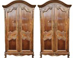 Pair of Fancy 20th Century Hand Carved 2 Door Armoire Cabinets Fancy Brass Hardware Hole drilled in back for electrical Cords
