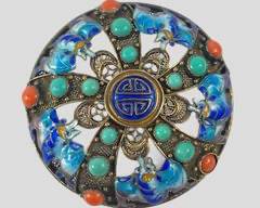 Beautiful Asian Gilt Silver Multi Colored Turquoise Coral Enamel Brooch Pin

