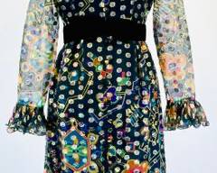 Fantastic Vintage 1970s Golden Metallic Thread Polka Dot Floral Print Maxi Statement Dress, Size S/M
